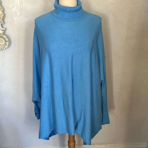 Alfani Blue turtleneck Poncho Sweater w/Dolman sleeve fitted button cuffs Size L - Picture 1 of 17